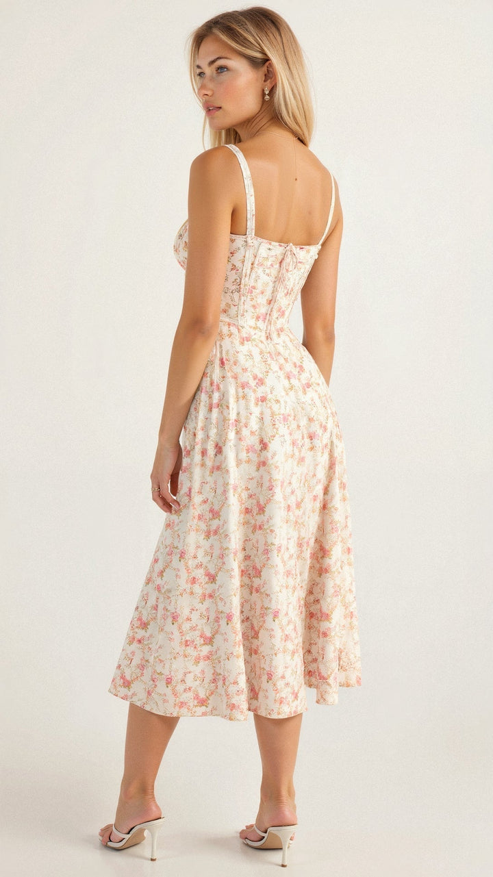 Close-up of the elegant corset bodice detail on a women's midi dress, showcasing structured design & fabric.