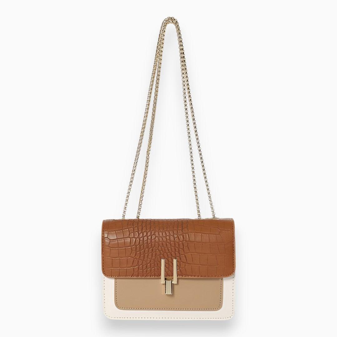 Light brown faux leather shoulder bag for women, Amélie flap design, perfect minimalist everyday crossbody accessory.