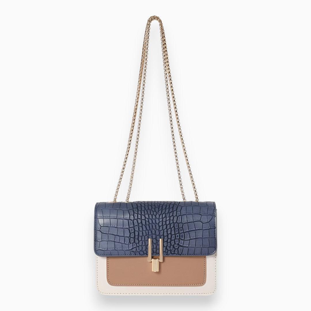 Women's dark blue faux leather flap bag, Amélie style, elegant shoulder and crossbody purse for versatile fashion.