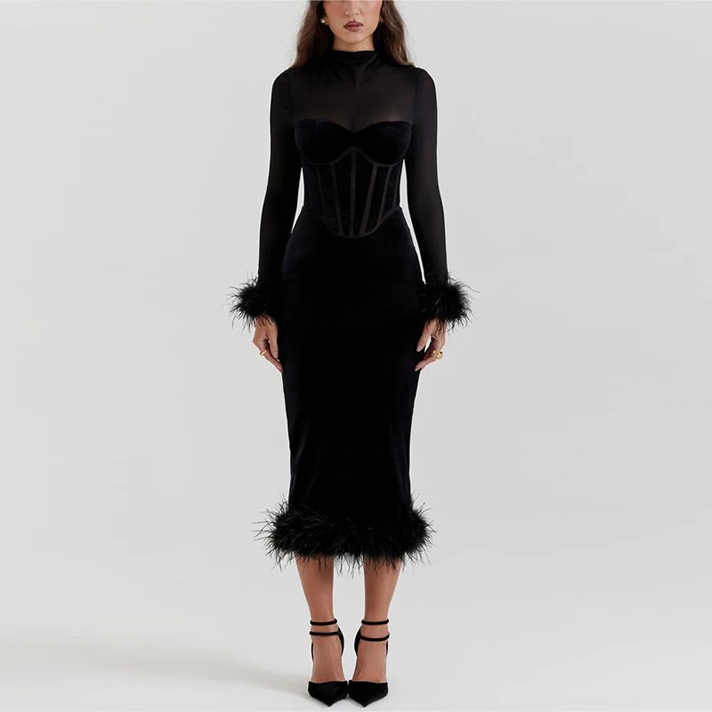 Elegant black feather trim midi dress for women, perfect for formal evening parties & special occasions.