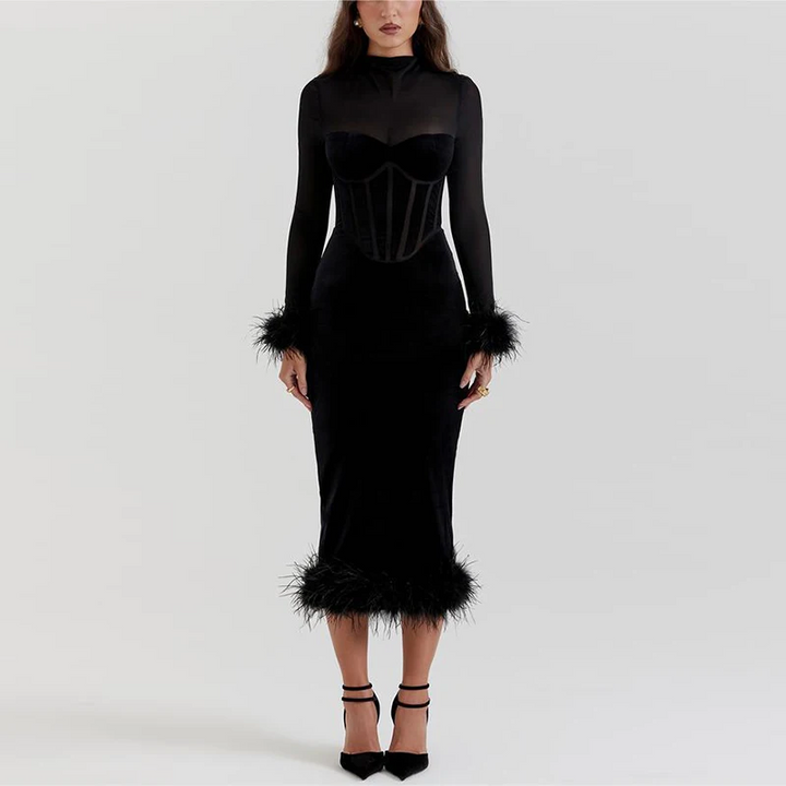 Elegant black feather trim midi dress for women, perfect for formal evening parties & special occasions.