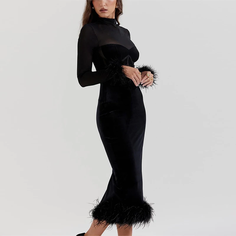 Sophisticated women's black midi dress with unique feather trim, ideal for cocktails & formal events.