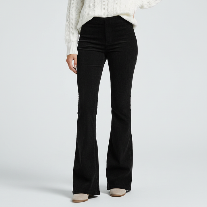 Close-up of the hem of Annemarie flared bell bottom trousers, showing comfortable fabric.