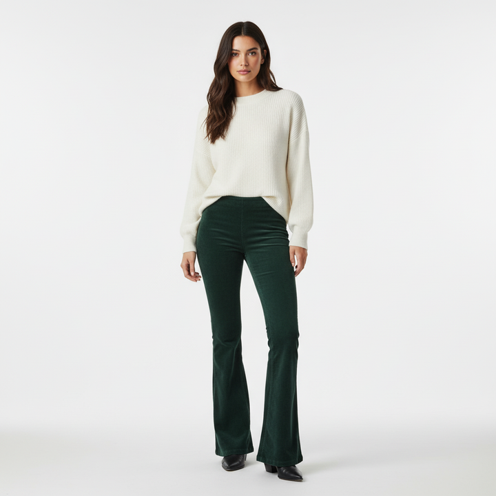 Women's cotton blend flared bell bottom trousers, ideal for versatile comfortable fashion.
