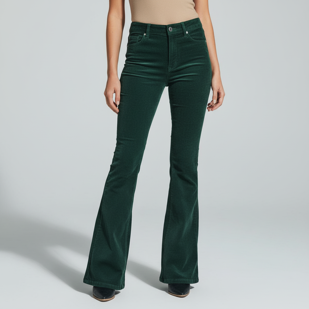 Model wearing black flared trousers, demonstrating versatile and elegant style.