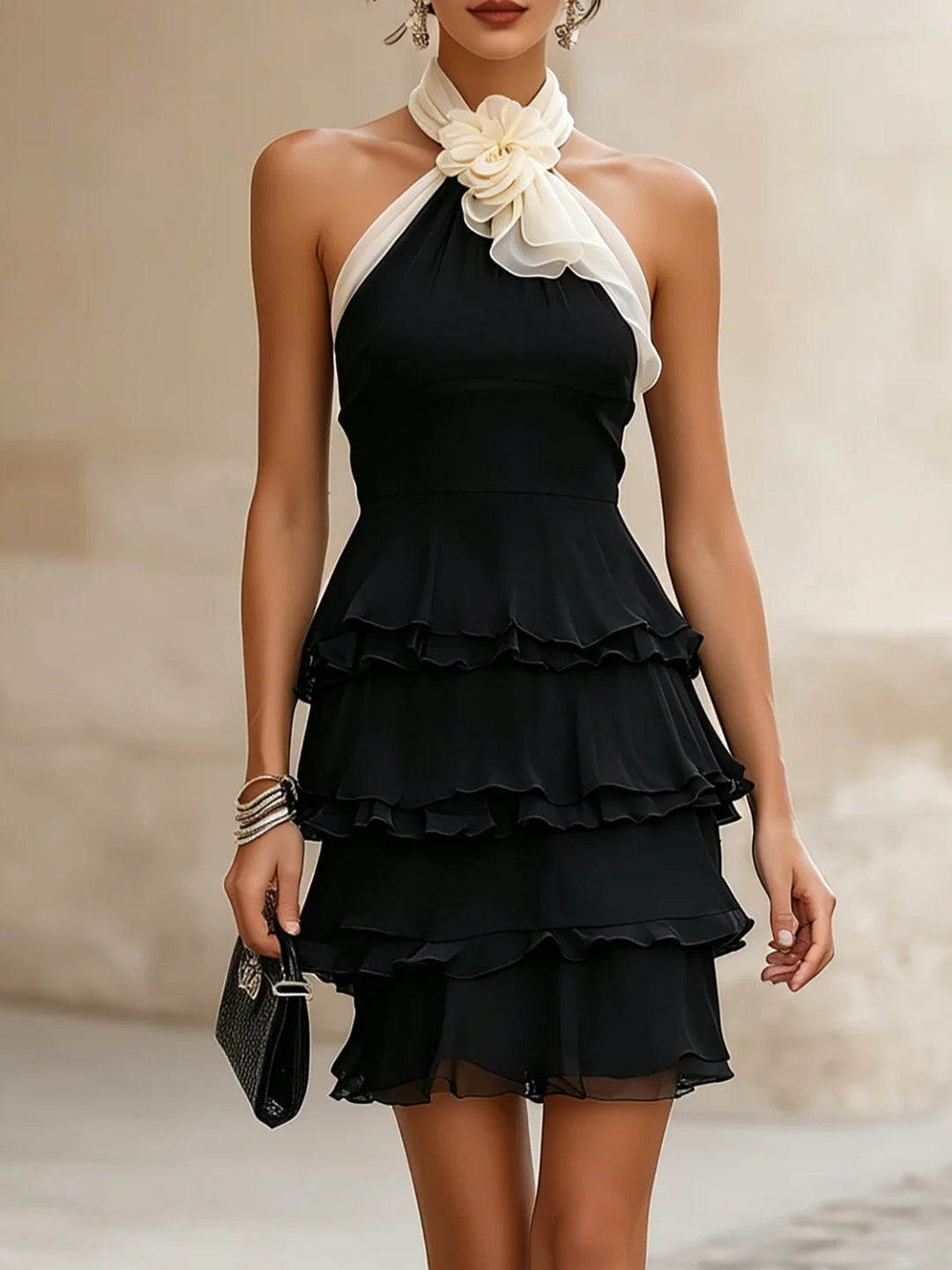 Elegant black halter neck mini dress with rosette detail & tiered ruffles, perfect for cocktail parties.