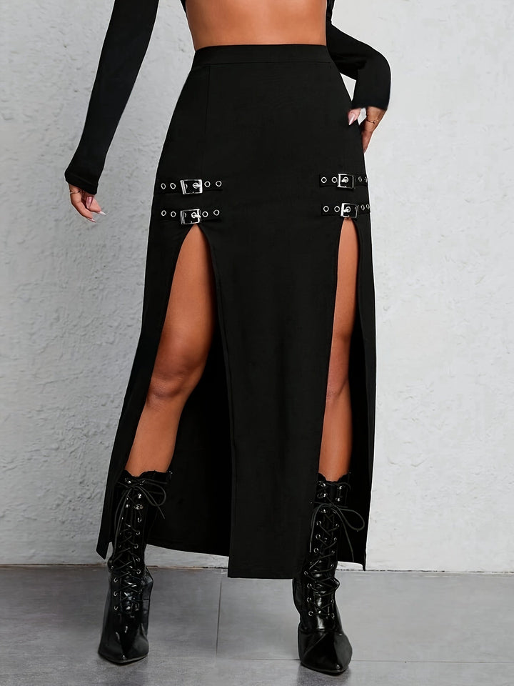 Elegant black high-waisted split skirt for women, versatile for office wear, evening, or casual occasions.