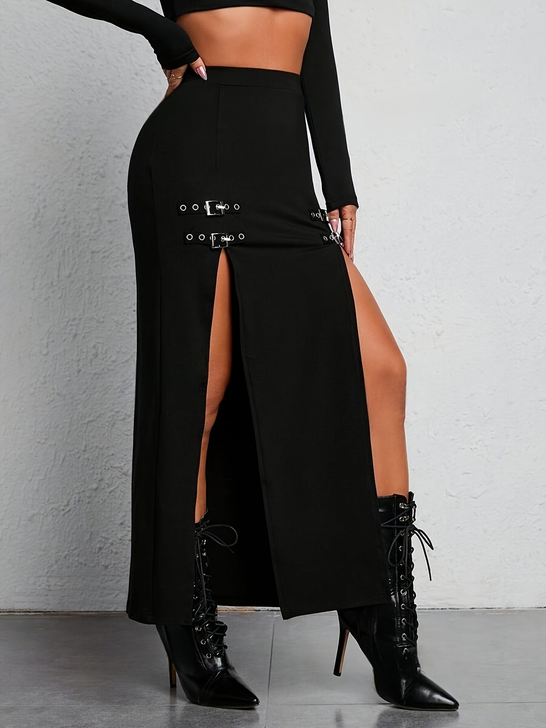 Versatile black high-waisted split skirt, offering a modern look for women, easily dressed up or down.