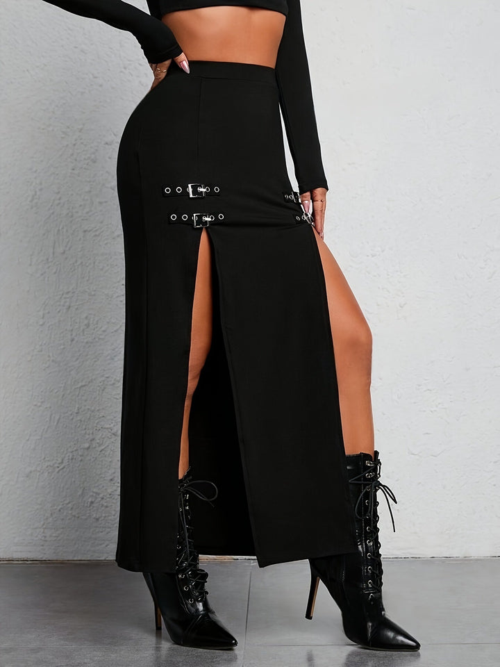 Versatile black high-waisted split skirt, offering a modern look for women, easily dressed up or down.