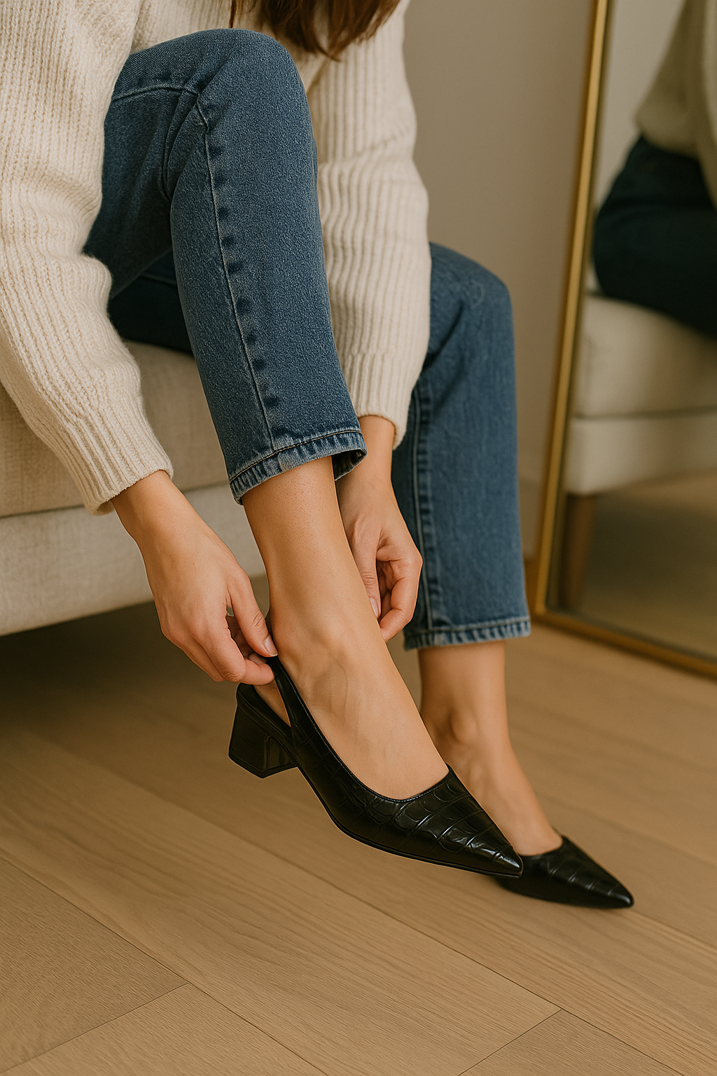 Side view of women's comfortable slingback pumps with a classic block heel design