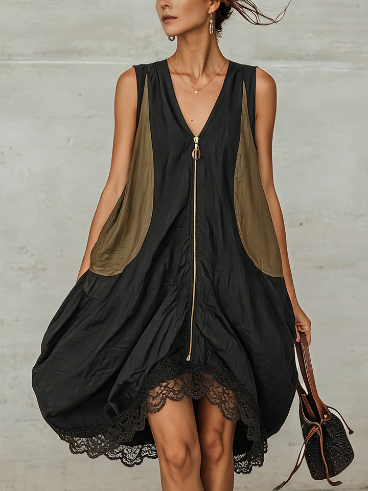 Elegant black midi dress for women, featuring a flattering V-neck, sleeveless cut, and delicate lace hem. Versatile style.