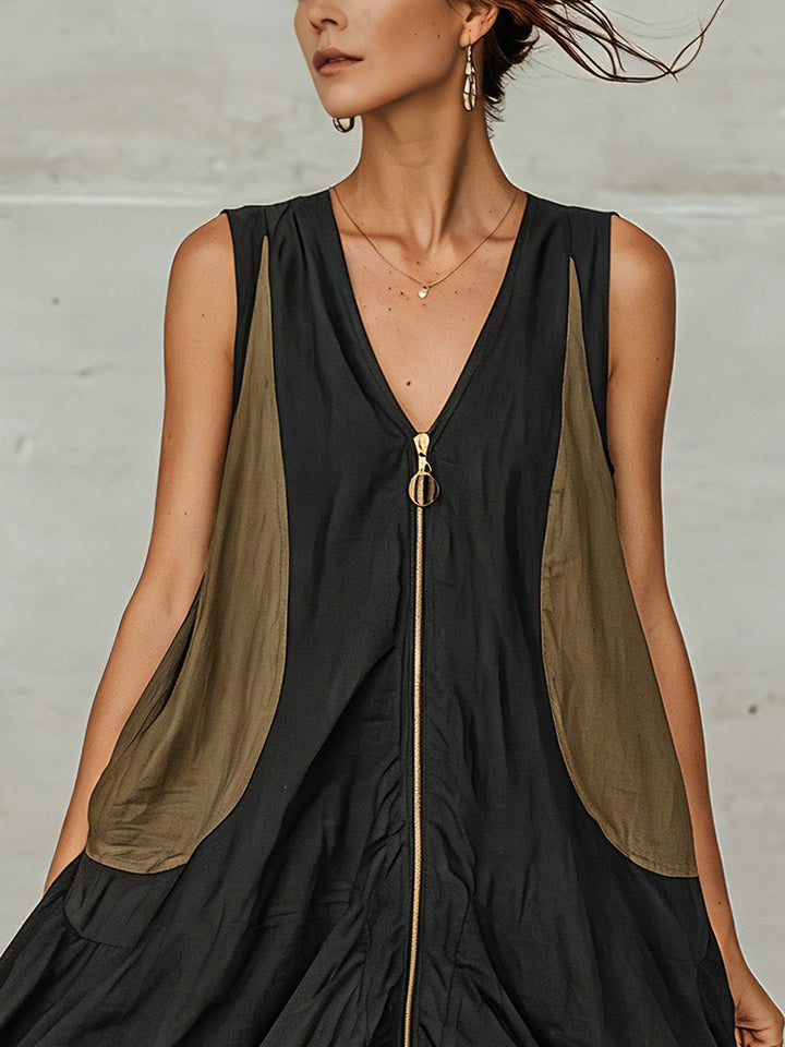 Women's black sleeveless midi dress with a stylish V-neck. Relaxed fit design offers comfort for summer and casual wear.