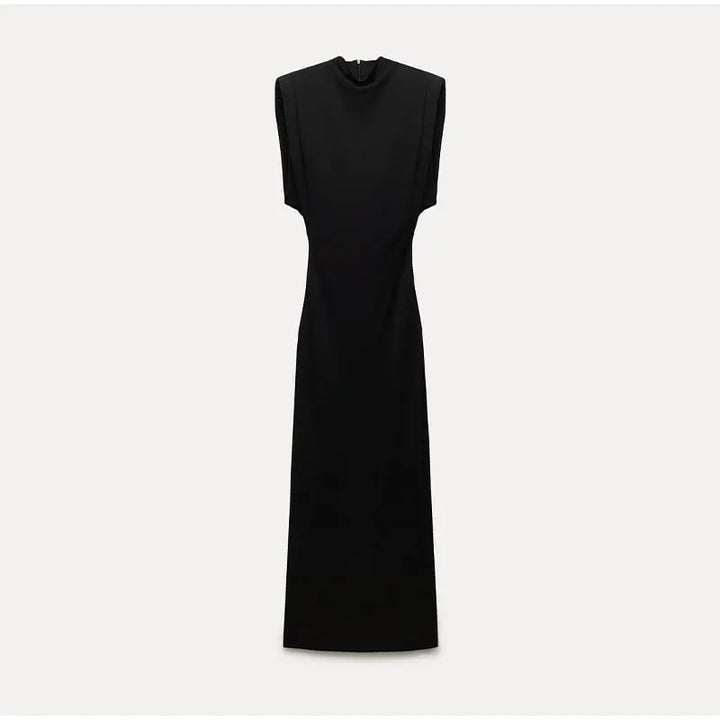 Modern women's black midi dress, designed for effortless style; a versatile & elegant dress for various occasions.