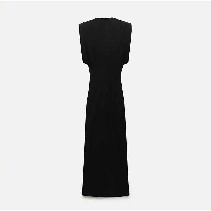 Sophisticated black midi dress for women, embodying elegant fashion & chic style, perfect for evening or cocktail.