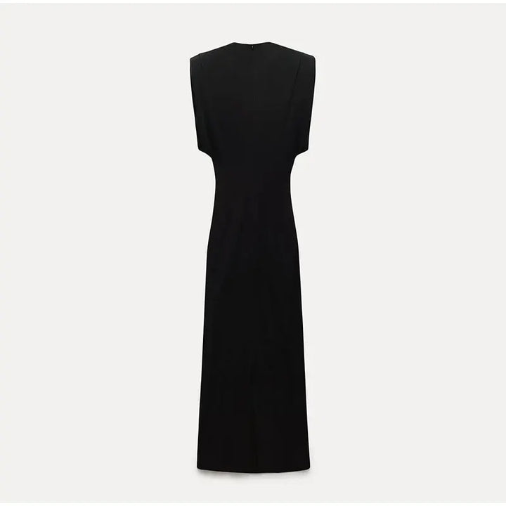 Sophisticated black midi dress for women, embodying elegant fashion & chic style, perfect for evening or cocktail.