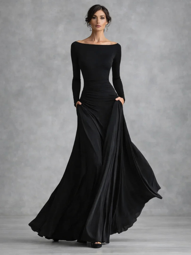 Elegant black off-shoulder long sleeve maxi dress for women, perfect for evening events & formal occasions.