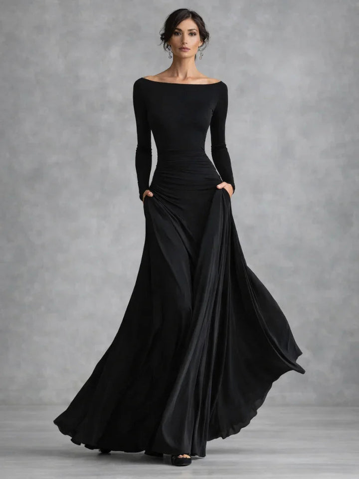 Elegant black off-shoulder long sleeve maxi dress for women, perfect for evening events & formal occasions.