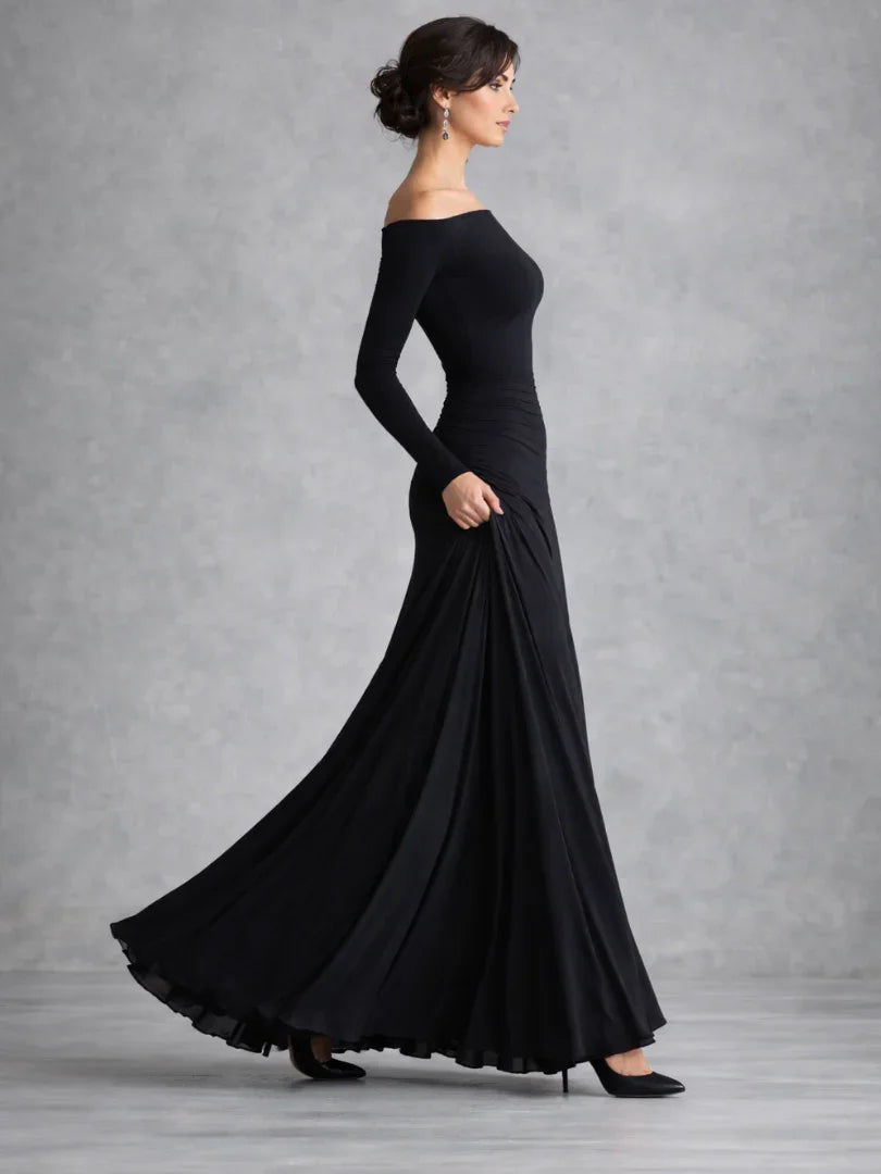 Sophisticated women's black off-shoulder long sleeve maxi evening gown, ideal for galas & parties.