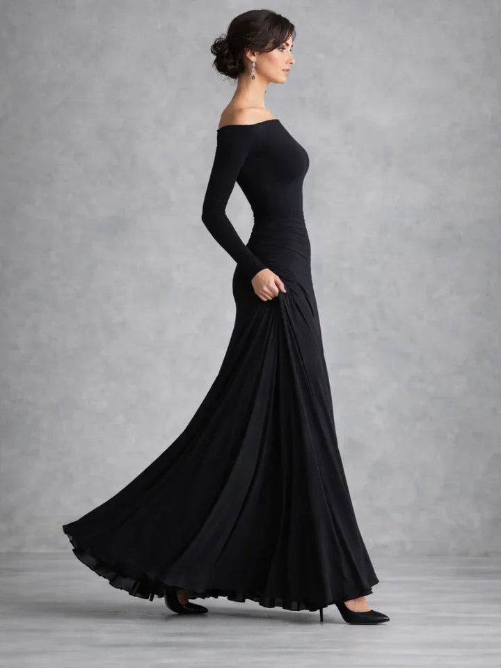 Sophisticated women's black off-shoulder long sleeve maxi evening gown, ideal for galas & parties.