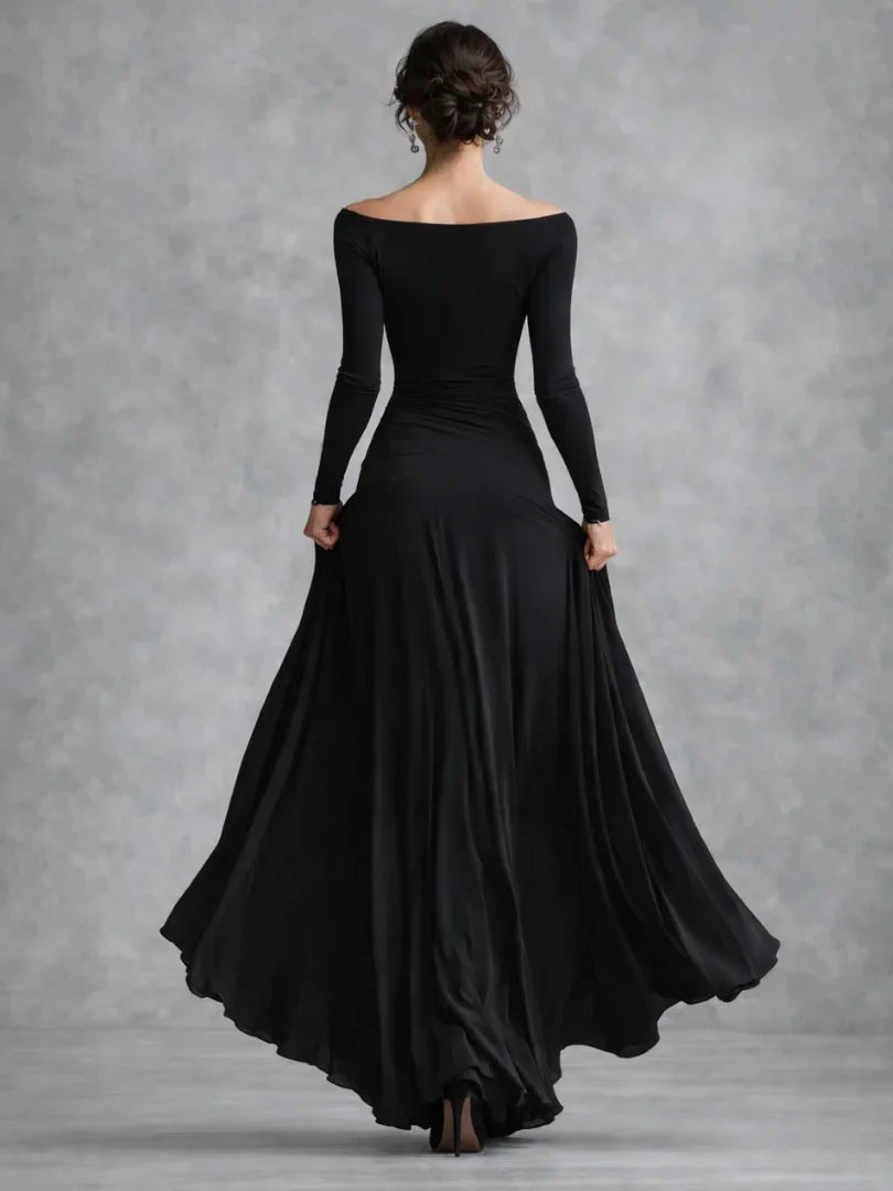 Floor-length off-shoulder long sleeve black maxi dress, an elegant formal wear option for women.
