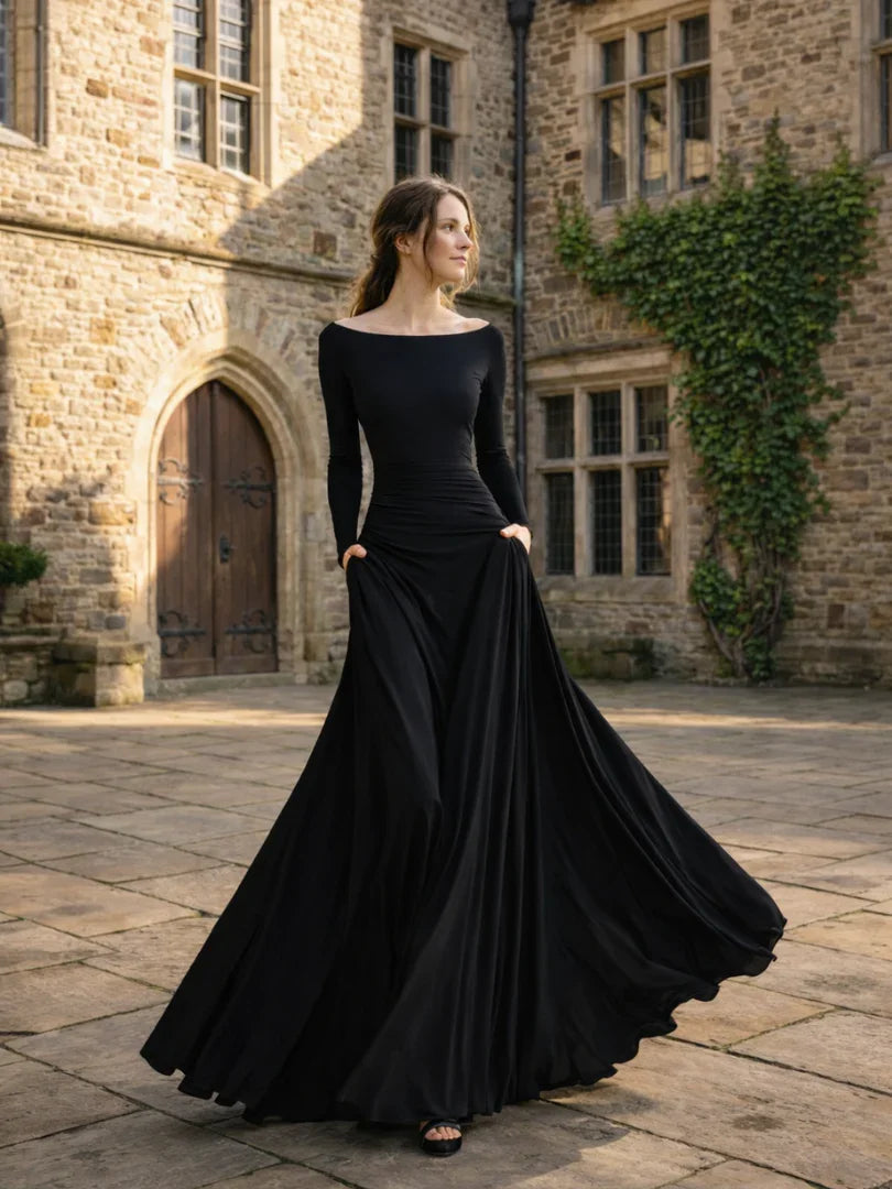 Luxurious women's black off-shoulder long sleeve maxi evening dress, perfect for special occasion formal wear.