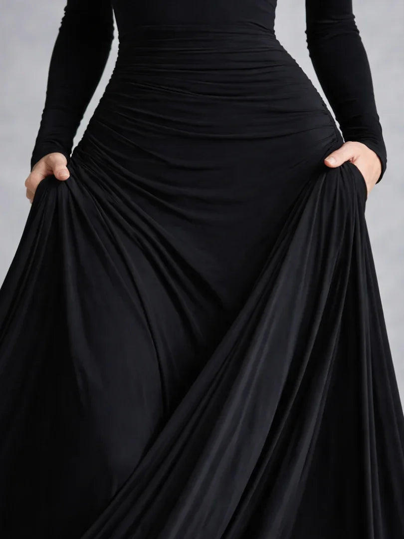 Women's elegant off-shoulder long sleeve black maxi dress, perfect for formal parties & special occasions.