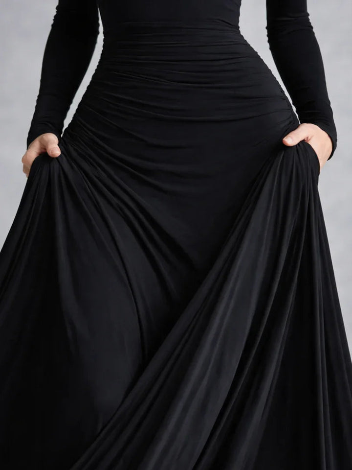 Women's elegant off-shoulder long sleeve black maxi dress, perfect for formal parties & special occasions.