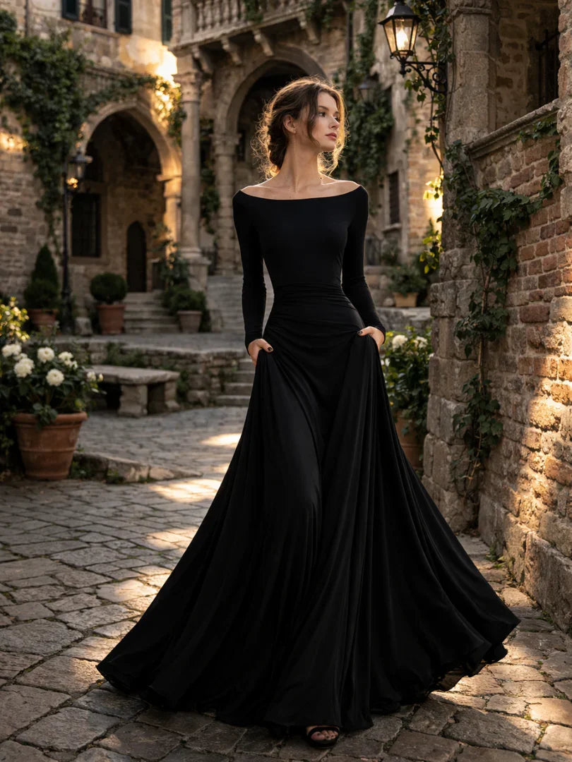 Stunning black off-shoulder long sleeve maxi evening dress for women, ideal for gala nights & formal events.