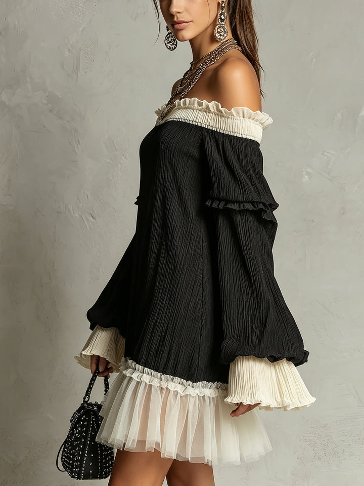 Chic black off-shoulder mini dress featuring delicate lace trim & stylish ruffle sleeves for women.