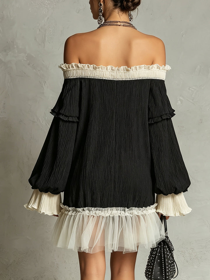 Women's black mini cocktail dress with an off-shoulder neckline and sophisticated lace ruffle details.