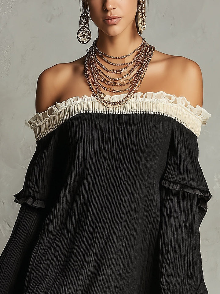 Stunning black off-shoulder mini dress for women, featuring elegant lace trim and ruffle sleeves.