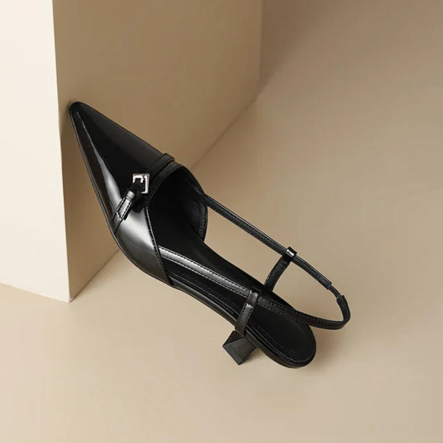 Burgundy elegant women's heels, slingback design with a sharp pointed toe for a chic look.