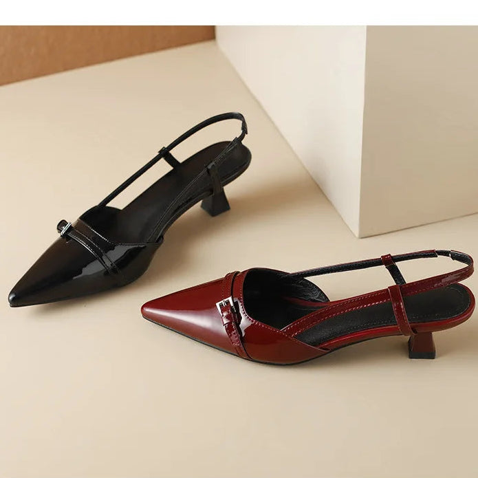 Women's office wear: elegant burgundy pointed toe slingback kitten heels, fashion-forward & comfy.