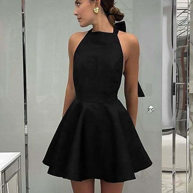 Elegant Valeria satin cocktail dress, sleeveless & flared, perfect women's party or evening wear.