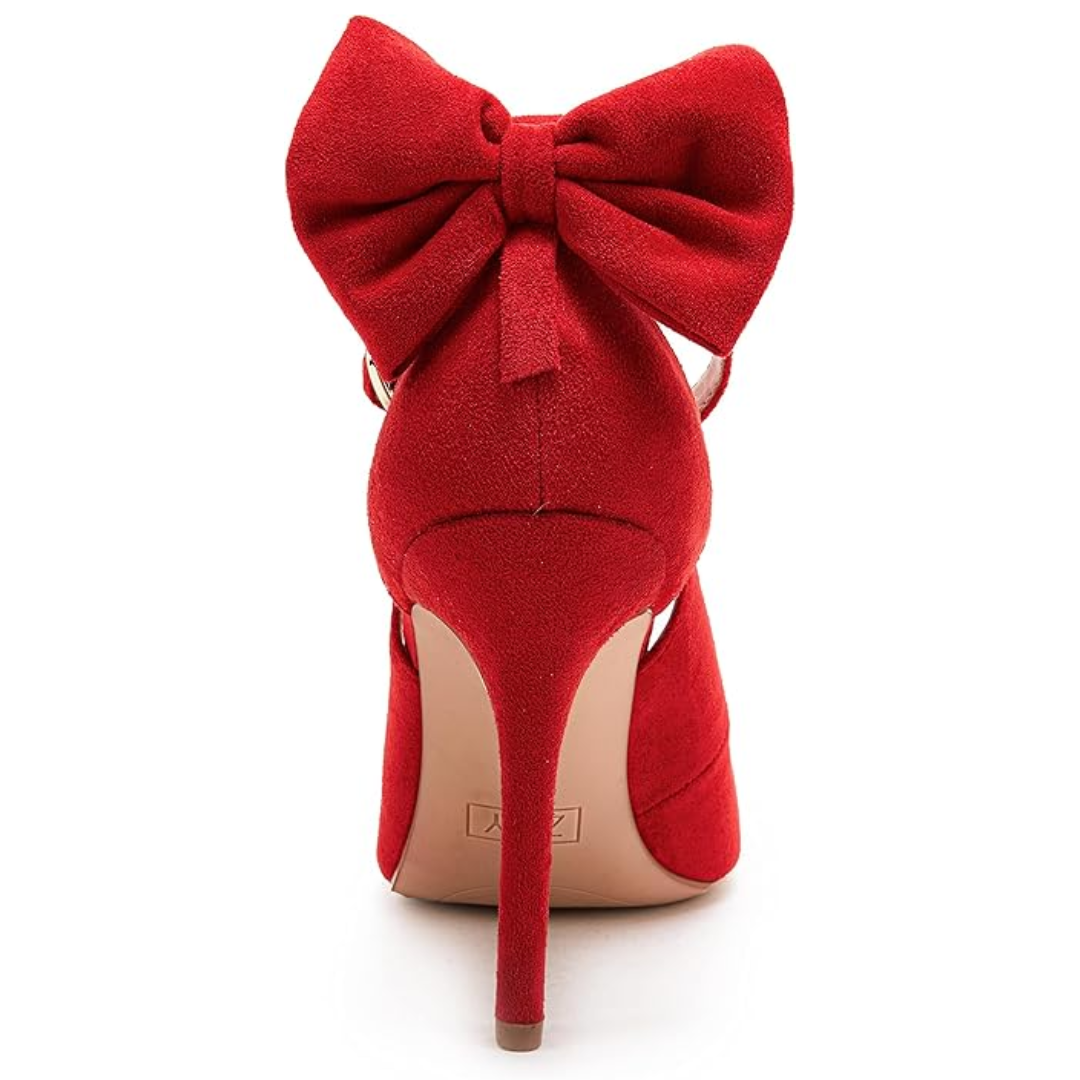 Trendy women's stiletto pumps featuring a sharp pointed toe and a fashionable decorative bow.