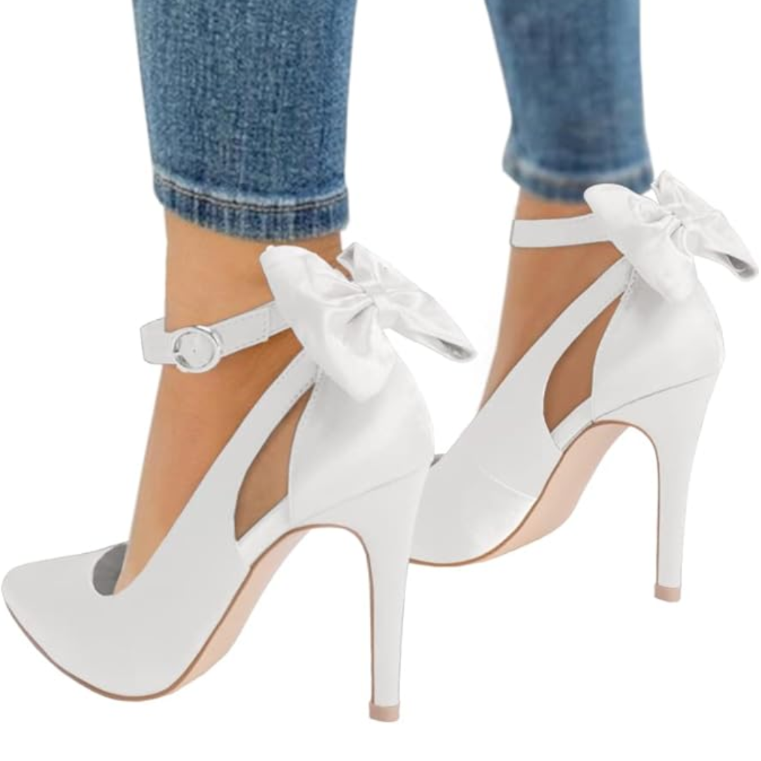 Trendy Hailey stiletto heels for women, featuring a sharp pointed toe and chic bow ankle detail.