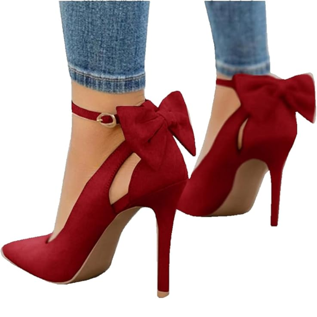 Party-ready black formal pumps: pointed toe, stiletto heel, and stylish ankle bow detail.