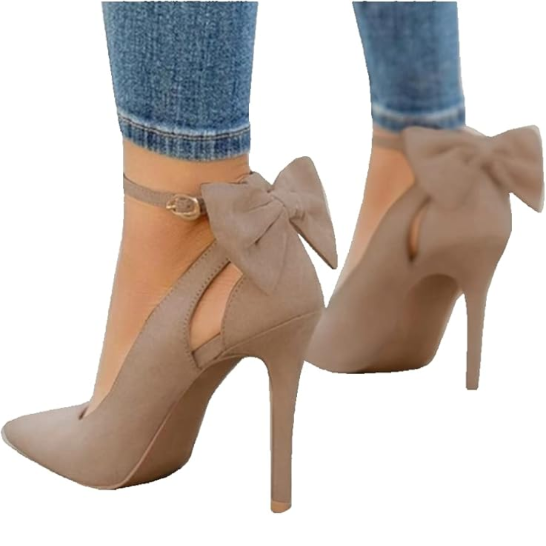 Sophisticated women's stiletto pumps with sleek pointed toe and an elegant bow at the ankle.