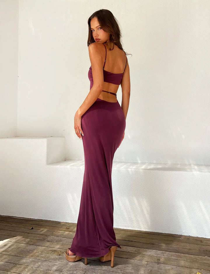 Draped strapless backless maxi dress. Elegant bandeau evening gown for women.