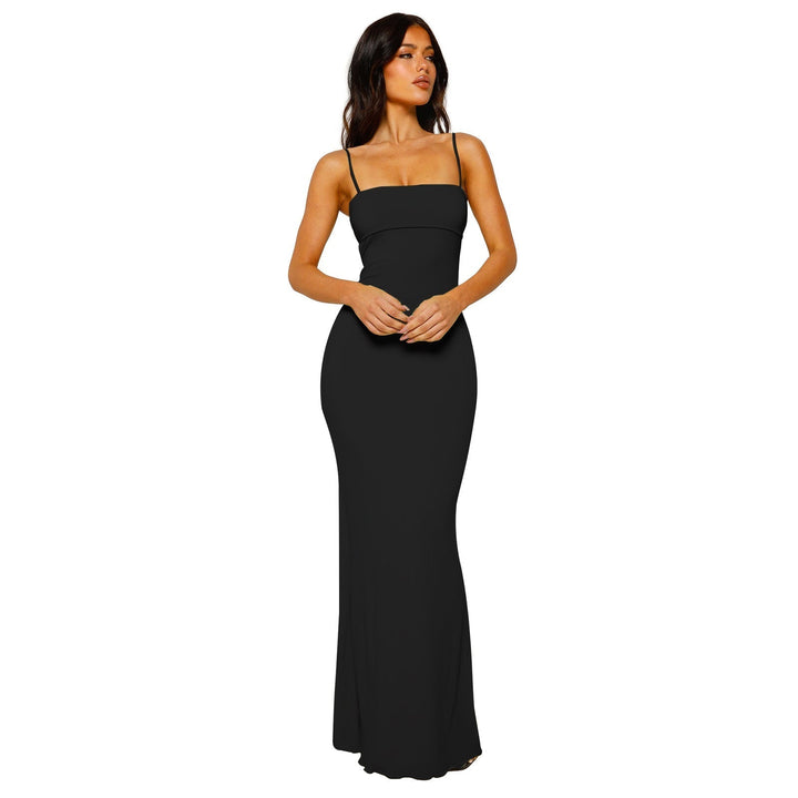 Sleek strapless bandeau maxi dress. Women's elegant backless evening gown, party wear.