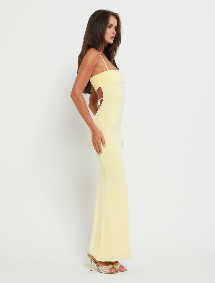Women's elegant backless strapless bandeau maxi dress. Ideal for formal evening events.