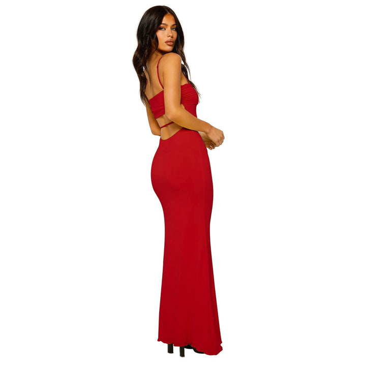 Glamorous women's strapless backless maxi. Bandeau evening gown for elegant occasions.