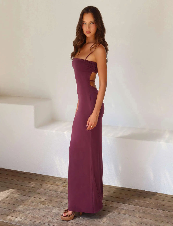 Long strapless bandeau evening gown. Backless maxi dress for women's special occasions.