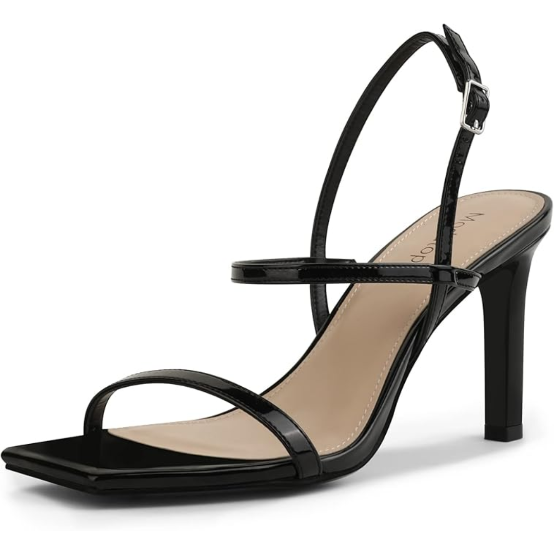 Classic women's strappy high heel sandals, black, offering a stylish and refined look for any event.