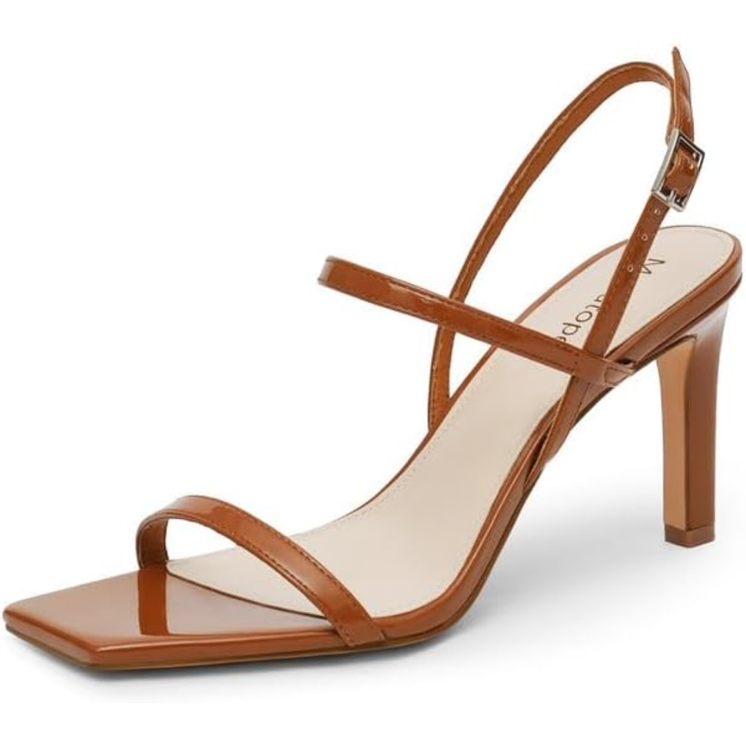 Stylish heeled sandals, Olivia design, featuring multiple straps and high heel for formal events.