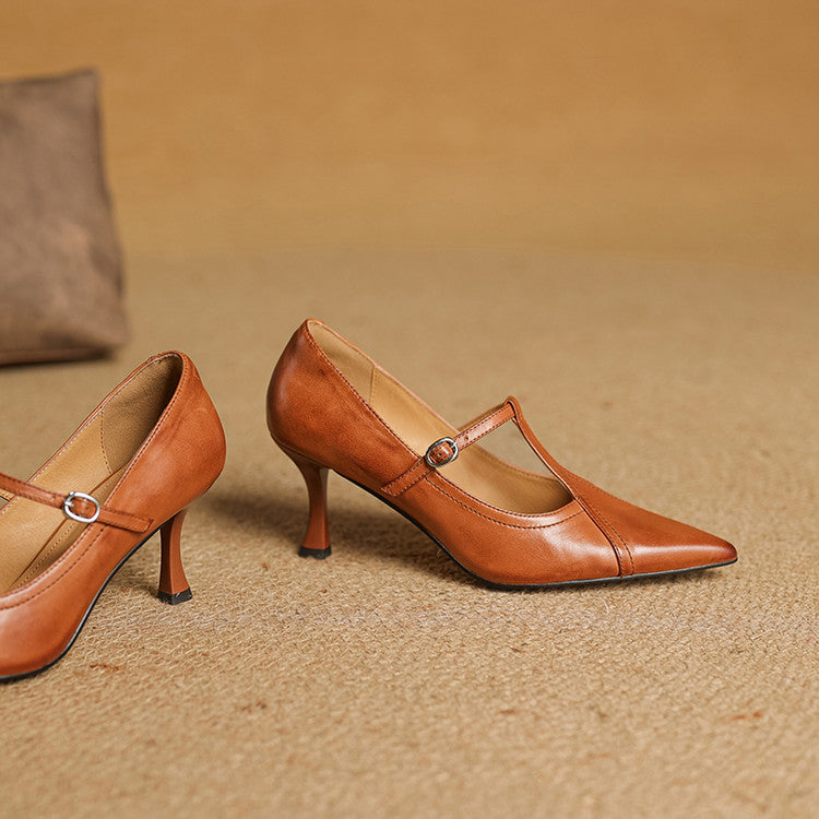 Stylish women's mid-heel dress shoes featuring a sleek T-strap design and buckle closure.