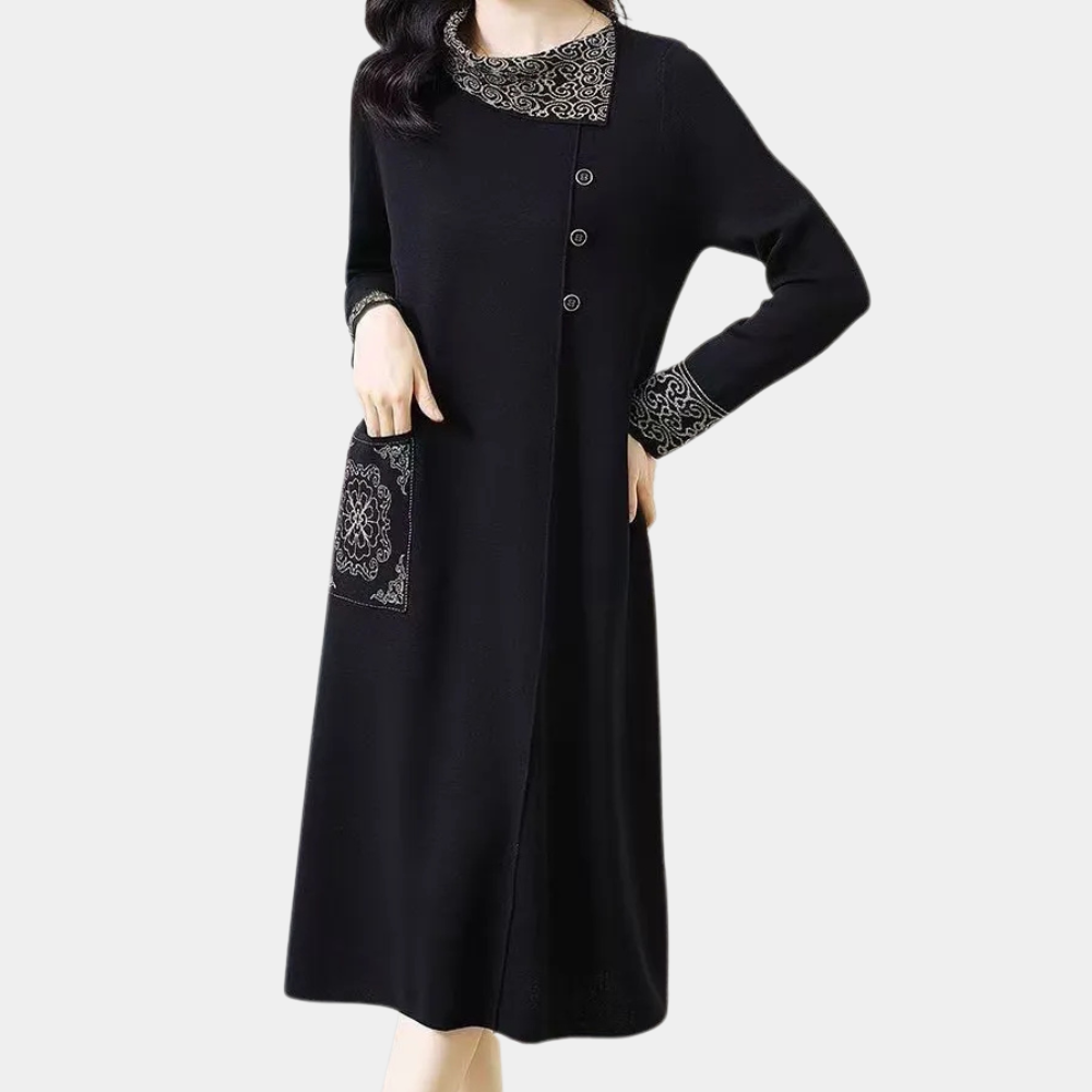 Close-up of elegant women's warm knitted midi dress, showing comfy texture. Perfect for winter fashion.