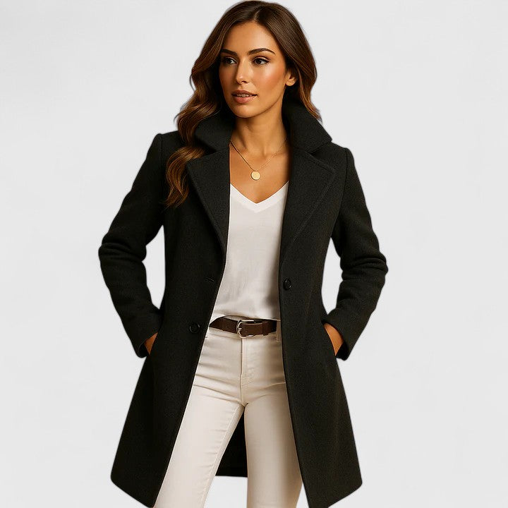 Elegant black women's longline coat, classic style. Sophisticated outerwear for fall and winter occasions.