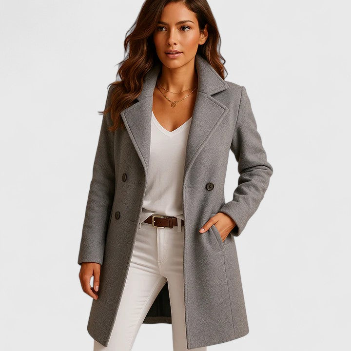 Sophisticated gray women's longline coat with button front. Versatile professional attire for elegant women.