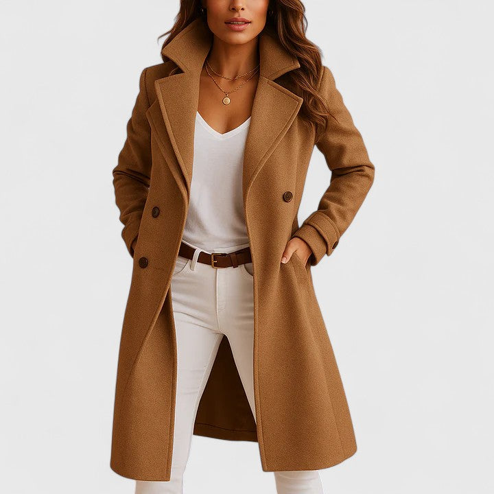 Timeless camel women's longline coat, a classic style for any occasion. Perfect for fall/winter fashion.